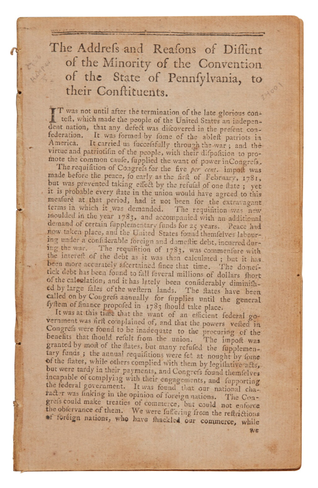 View full screen - View 1 of Lot 230. United States Constitution. Ratification | A rare volume presenting the views of the Anti-Federalist members of the Pennsylvania delegation.