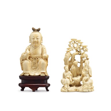 View full screen - View 1 of Lot 603. An ivory 'boy' snuff bottle and an ivory 'scholars under pine' carving, Qing dynasty, 19th century 清十九世紀 牙雕童子形鼻煙壺 及 牙雕松蔭高仕一組兩件.