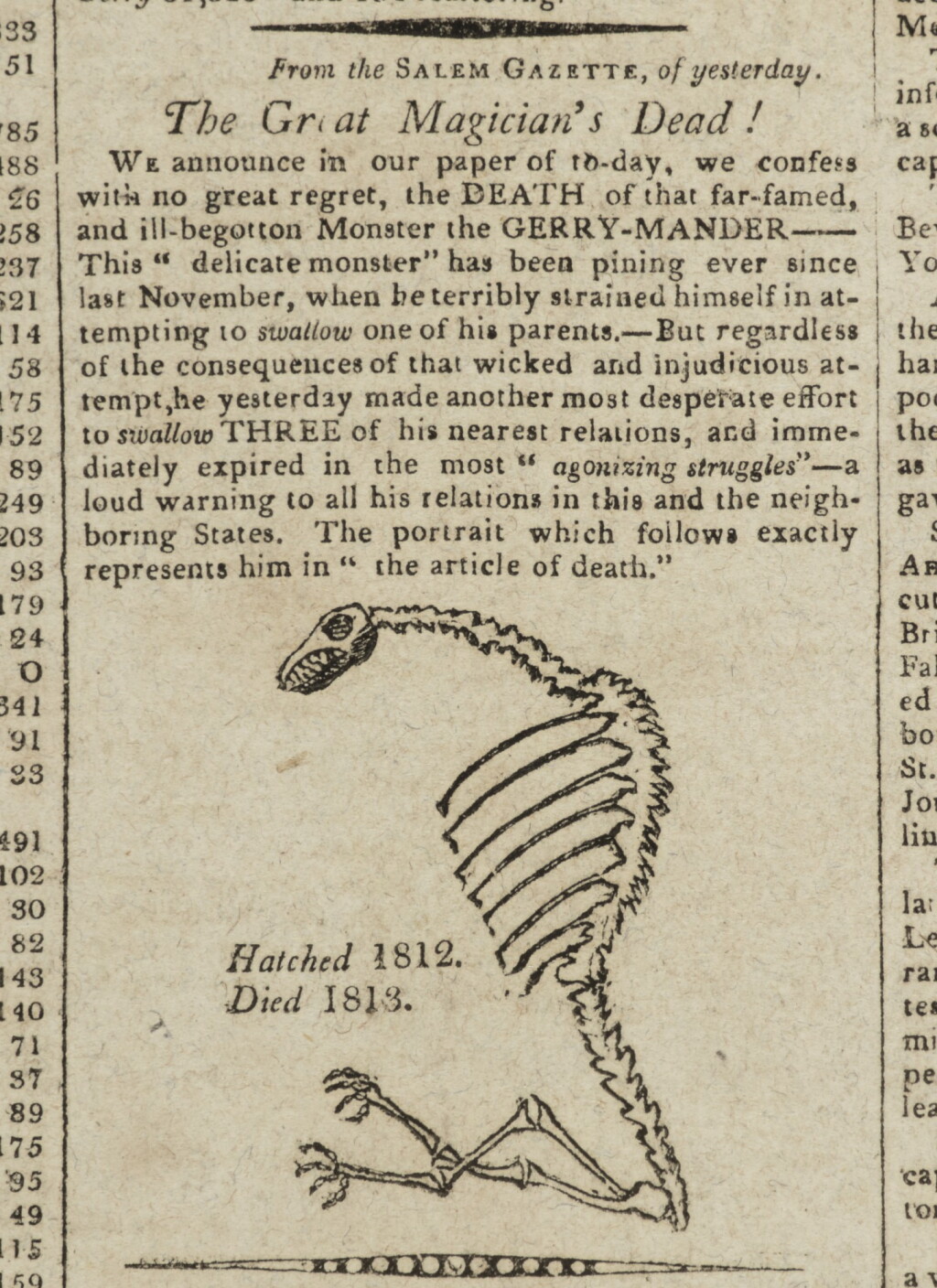 View full screen - View 1 of Lot 46. (GERRYMANDERING) | Early Gerrymander cartoon in the Columbian Centinal, No. 3026. Boston: Printed by William Burdick for Benjamin Russell, Wednesday, April 7, 1813.