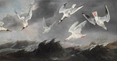 View full screen - View 1 of Lot 627. A flock of terns and seagulls above stormy seas.