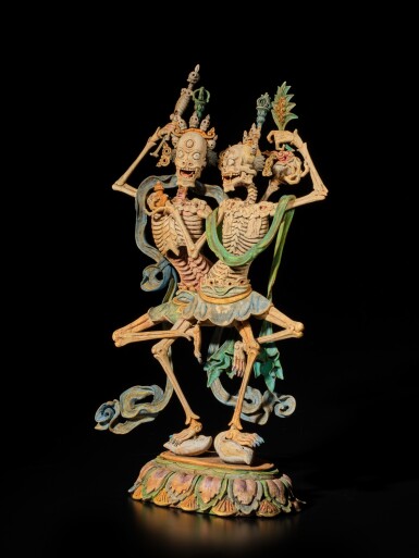 View full screen - View 1 of Lot 146. A polychrome wood figure of Chitipati, Mongolia, 18th century or later.