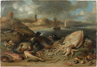 View full screen - View 1 of Lot 13. Coastal landscape with seals and squid | Paysage côtier avec phoques et calamars.