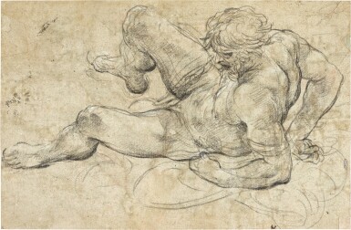 View full screen - View 1 of Lot 155. A reclining male nude: a study for the figure of Fury sprawling across armor.