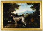 MICHELE PACE, CALLED MICHELANGELO DEL CAMPIDOGLIO | Portrait of a blue greyhound belonging to the Chigi family, standing in a coastal, mountainous landscape | 米謝爾・佩斯 - 或稱米開朗基羅・德・坎皮多里奧 | 《基吉家族之藍灰色獵犬站於沿海山景中的肖像》