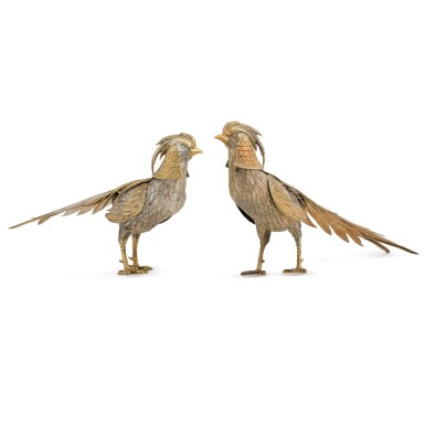 View full screen - View 1 of Lot 82. A pair of Spanish parcel-gilt silver pheasants, 20th century.