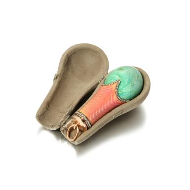View full screen - View 1 of Lot 82. A Fabergé Jewelled Gold-Mounted Amazonite and Guilloché Enamel Parasol Handle, workmaster Mikhail Perkin, St Petersburg, 1899-1903.