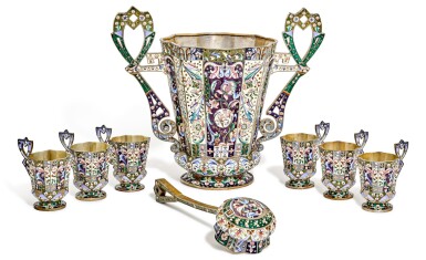 View full screen - View 1 of Lot 162. A large and impressive silver-gilt and cloisonné enamel punch set, workmaster Grigoriy Sbitnev, Moscow, 1908-1917.