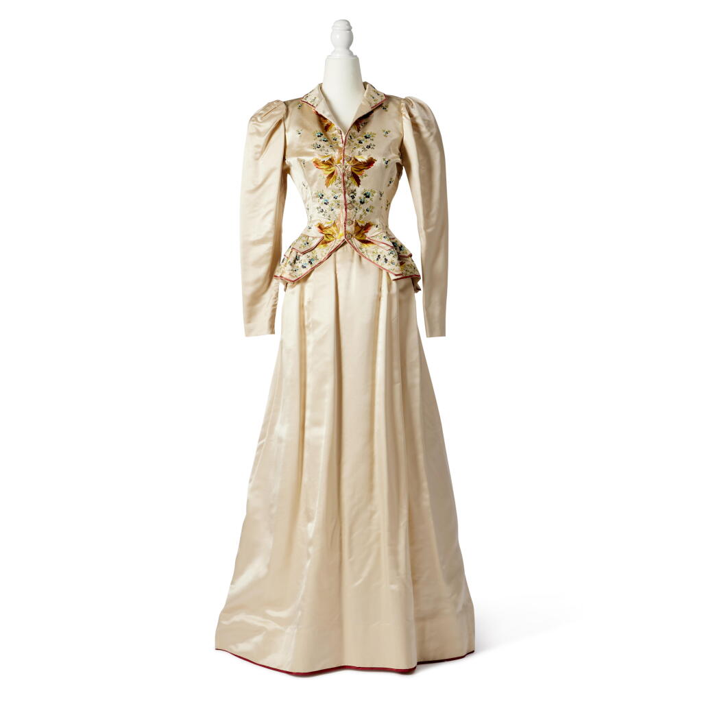 View full screen - View 1 of Lot 38. Kathryn Crosby's Jean Louis Bespoke Green Chiffon Gown with Embroidered Velvet Bolero, together with a Jean Louis Eighteenth-Century Men's Waistcoat inspired Silk Jacket and matching Full Length Silk Skirt, 1960s - 1970s.
