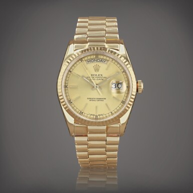 View full screen - View 1 of Lot 419. Day-Date, reference 18038 Montre bracelet en or jaune avec jour et date | Yellow gold wristwatch with day, date and bracelet Vers 1987 | Circa 1987.