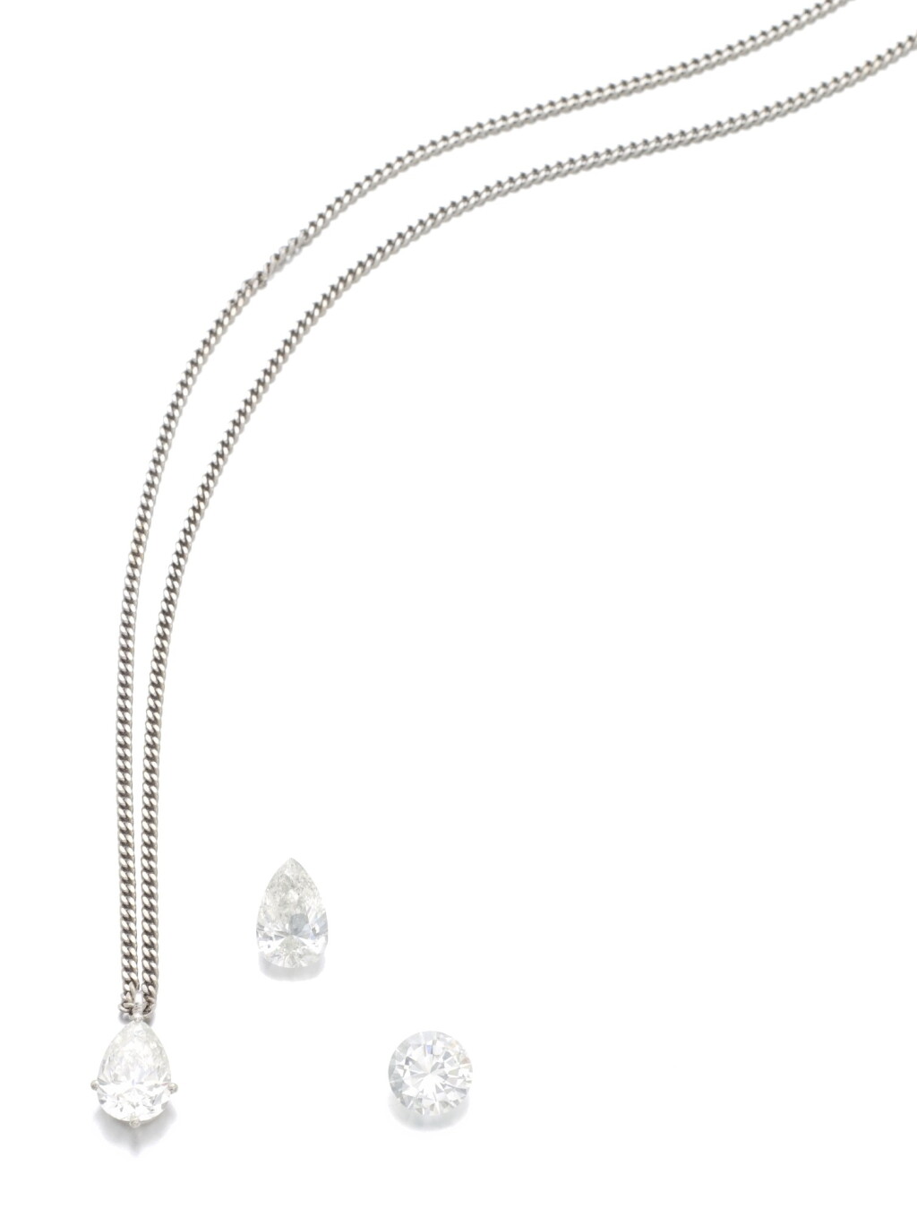 View full screen - View 1 of Lot 12. DIAMOND PENDANT AND TWO UNMOUNTED DIAMONDS.