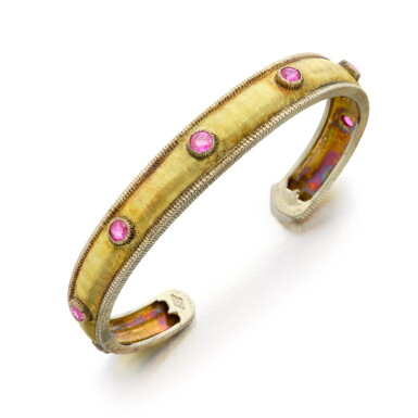 View full screen - View 1 of Lot 398. Two-Color Gold and Pink Sapphire Cuff-Bracelet.