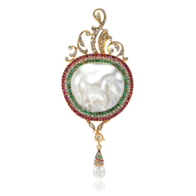 View full screen - View 1 of Lot 4. Gem set, diamond and blister pearl pendant, late 19th century.