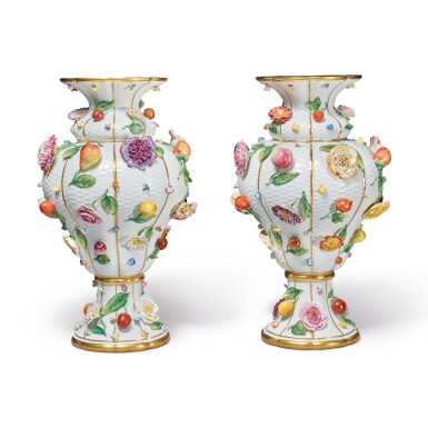 View full screen - View 1 of Lot 279. A PAIR OF MEISSEN FLOWER AND FRUIT-ENCRUSTED VASES, LATE 19TH CENTURY.
