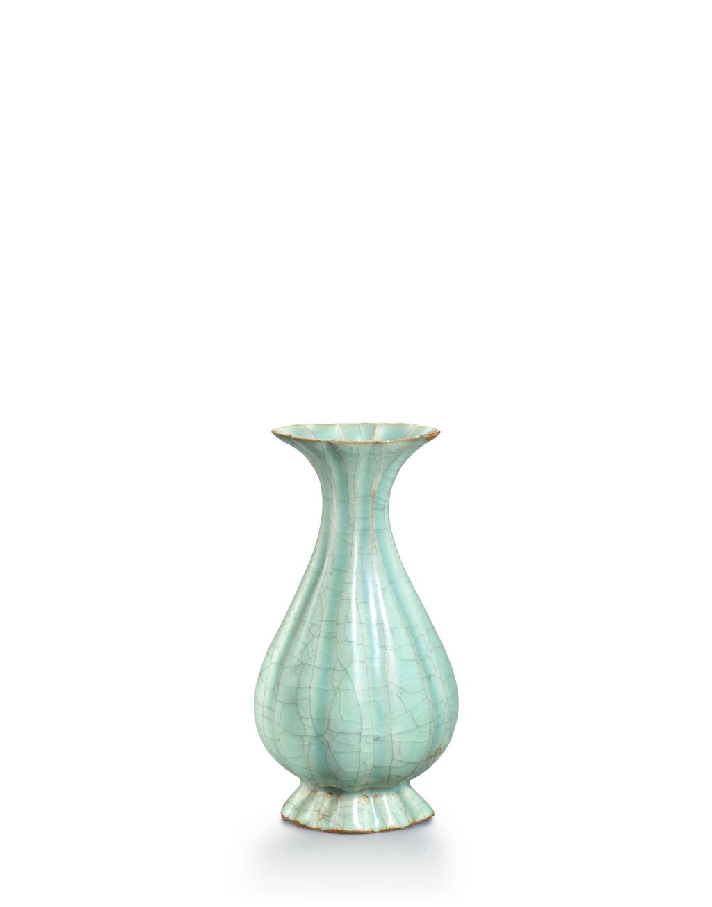 View full screen - View 1 of Lot 3877. A rare celadon-glazed lobed pear-shaped vase, Southern Song dynasty Japanese lacquer box and wood box | 南宋 青釉海棠式瓜棱瓶.