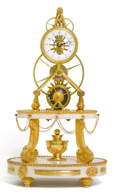 View full screen - View 1 of Lot 140. A GILT-BRONZE AND WHITE MARBLE GREAT WHEEL SKELETON TIMEPIECE, FRENCH, EARLY 19TH CENTURY.