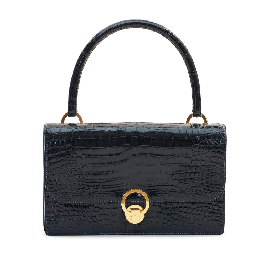 View full screen - View 1 of Lot 766. Navy Blue Crocodile Flap Bag Gold Hardware, Cir 1950's.