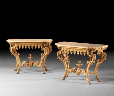 View full screen - View 1 of Lot 15. A pair of gilt-wood consoles, mid 18th century | Paire de consoles en bois doré, travail du milieu du XVIIIème siècle.