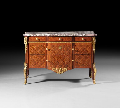 View full screen - View 1 of Lot 93. A Royal late Louis XV gilt-bronze-mounted tulipwood and kingwood commode, delivered by Joubert for the Dauphine Marie-Antoinette at Fontainebleau, probably by RVLC, circa 1770 | Commode royale en placage de bois de rose, bois de violette et bronze doré d'époque Louis XV, livrée par Joubert pour la dauphine Marie-Antoinette à Fontainebleau, probablement exécutée par RVLC, vers 1770.