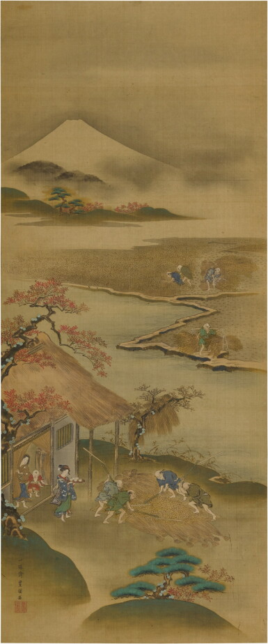 View full screen - View 1 of Lot 772. Utagawa Toyokuni, A landscape painting, ink and color on silk, framed, 19th century | 歌川豊国 富士山人物風景圖 設色絹本 裝框 十九世紀.