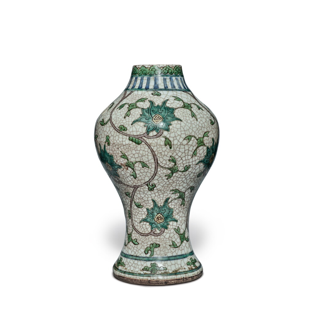 View full screen - View 1 of Lot 37. A polychrome-enameled crackle-glazed vase, Ming dynasty, 16th century | 明十六世紀 五彩纏枝蓮紋瓶.