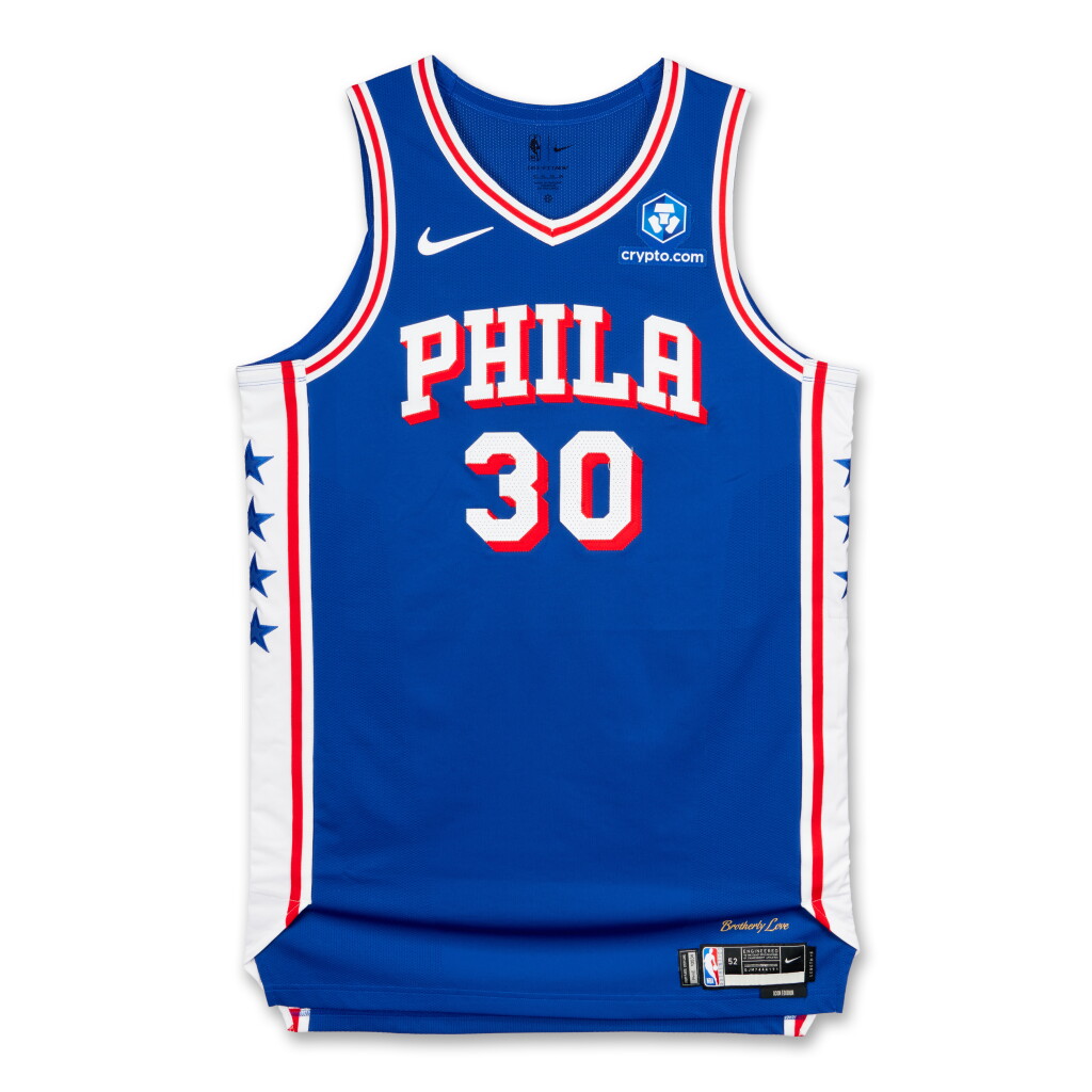 View full screen - View 1 of Lot 26. Adem Bona Philadelphia 76ers 2026 NBA Playoffs Eastern Conference Round 1 Game Worn Icon Edition Jersey | Game 1 | Playoff Debut.