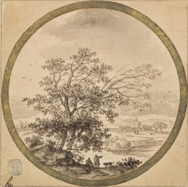 View full screen - View 1 of Lot 100. A pair of landscapes: A) Figures and a dog beneath a tree B) Figures walking towards a church.