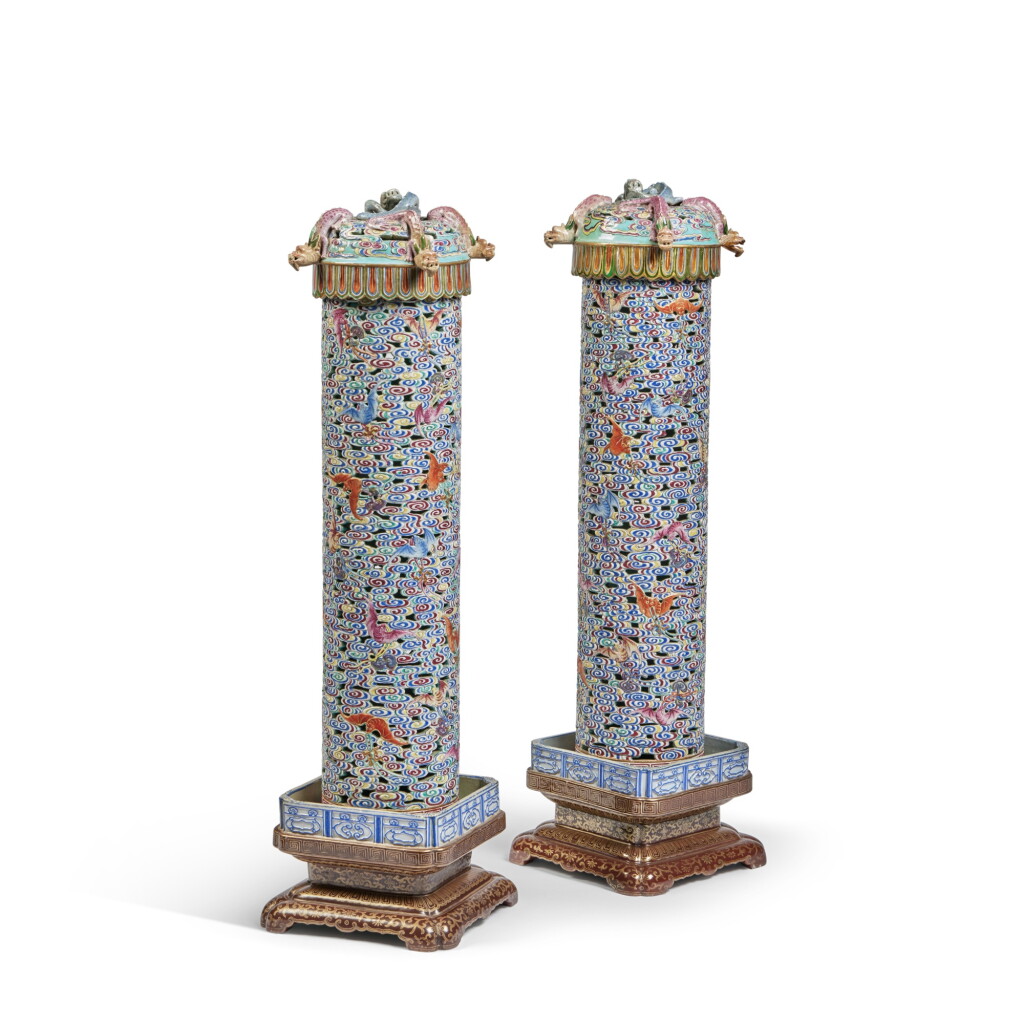 View full screen - View 1 of Lot 199. A rare pair of famille-rose 'bats and clouds' parfumiers, Qing dynasty, Qianlong period.