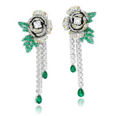 View full screen - View 1 of Lot 62. BOUCHERON | PAIR OF DIAMOND, COLOURED DIAMOND AND EMERALD EARRINGS.