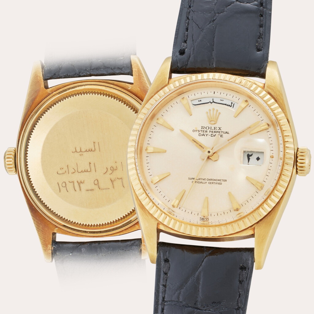 View full screen - View 1 of Lot 19. Reference 1803 Day-Date | A yellow gold automatic wristwatch with Arabic day and date, Owned and Worn by President Gamal Nasser of Egypt, Circa 1963.