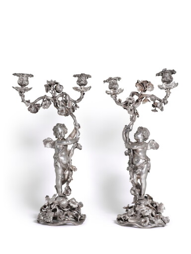 View full screen - View 1 of Lot 147. A PAIR OF ROCOCO SILVER TWO-LIGHT CANDELABRA, JEAN-BAPTISTE VAILLANT, ST PETERSBURG, 1845.