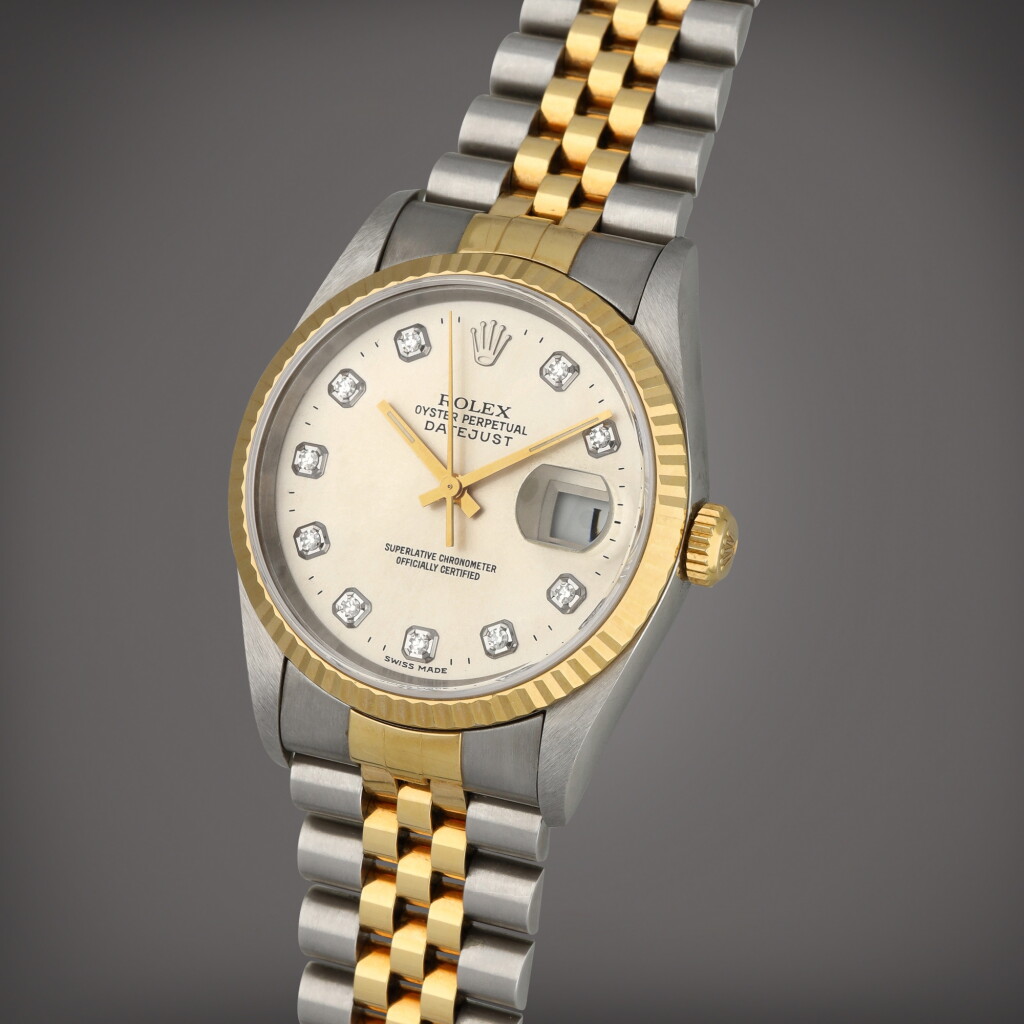 View full screen - View 1 of Lot 35. Datejust, Reference 16233 | A stainless steel and yellow gold wristwatch with date, diamond-set indexes and bracelet | Circa 1997.