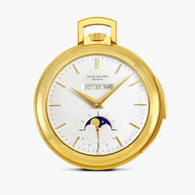 View full screen - View 1 of Lot 2425. Reference 844 | A very fine and rare yellow gold minute repeating openface keyless lever watch with linear perpetual calendar and moon phases, Circa 1970.