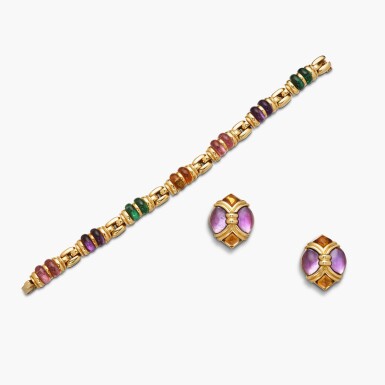 View full screen - View 1 of Lot 444. Gold and Colored Stone Bracelet and Pair of Earclips.