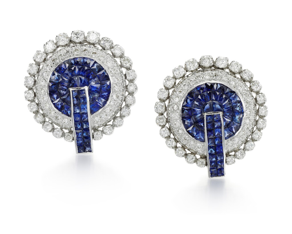 View full screen - View 1 of Lot 209. PAIR OF SAPPHIRE AND DIAMOND EARRINGS .