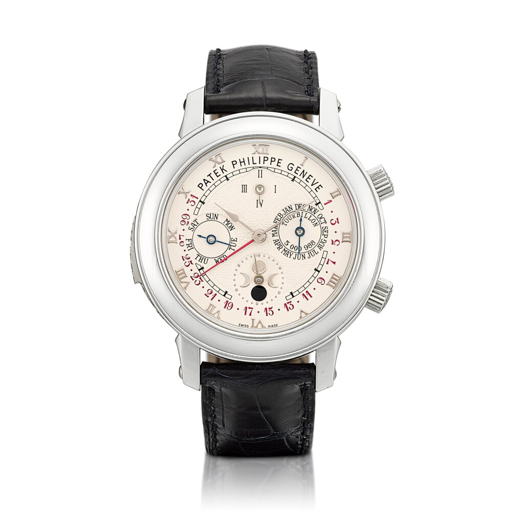 View full screen - View 1 of Lot 2257. Sky Moon Tourbillon "988", Reference 5002 | A platinum double dial wristwatch with twelve complications including tourbillon, minute repeating on cathedral gongs, perpetual calendar, retrograde date, sky chart, moon phases, orbit display and sidereal time, Circa 2010 | 百達翡麗 | Sky Moon Tourbillon "988" 型號5002 | 鉑金雙錶盤腕錶,備12項複雜功能包括陀飛輪、大教堂音簧三問、萬年曆、逆跳日期、恆星時間顯示、星體移動蒼穹圖、月相及月行軌跡,約2010年製.