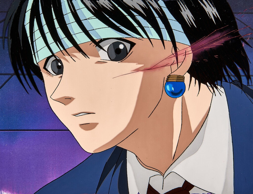 View full screen - View 1 of Lot 68. Kuroro with Facial Cut from Fighting (Episode 62) Animation Cel with Douga and Printed Background | 庫洛洛在戰鬥中割傷臉頰(第62集)賽璐璐,附線稿及印刷背景.