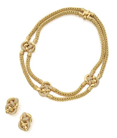 View full screen - View 1 of Lot 41. ASPREY | PAIR OF GOLD AND DIAMOND EARCLIPS AND NECKLACE.