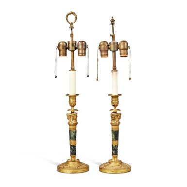 View full screen - View 1 of Lot 41. A Pair of French Empire Style Marble and Gilt Bronze Candlesticks, 19th Century.