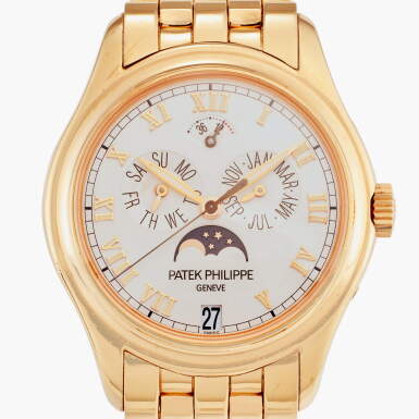 View full screen - View 1 of Lot 308. Reference 5036/1 | A pink gold automatic annual calendar wristwatch with moon phases, power reserve indication, and bracelet, Circa 2001.