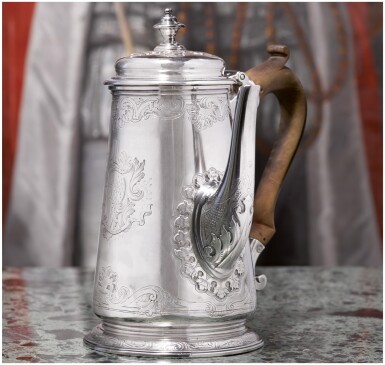 View full screen - View 1 of Lot 55. A GEORGE II SILVER COFFEE POT, PAUL DE LAMERIE, LONDON, 1735.