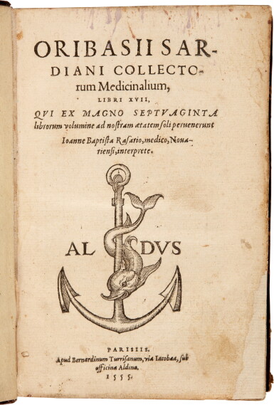 View full screen - View 1 of Lot 37. Oribasius Sardianus | Collectorum medicinalium, Paris, Torresani, 1555, calf gilt.