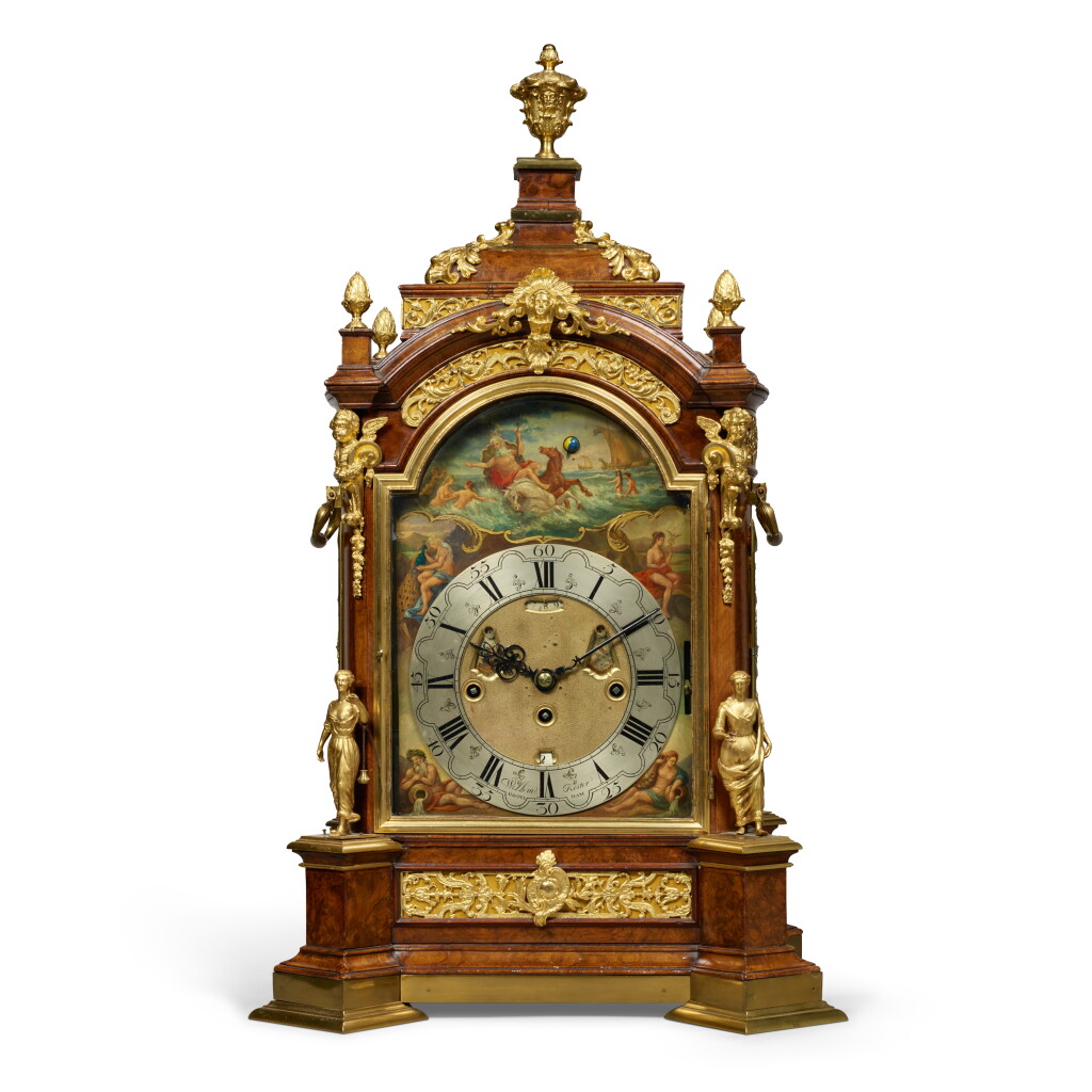 View full screen - View 1 of Lot 78. A Dutch Gilt-Bronze Mounted Figured and Burr Walnut and Polychrome Painted Musical Clock by Willem Koster, Amsterdam, Circa 1760.