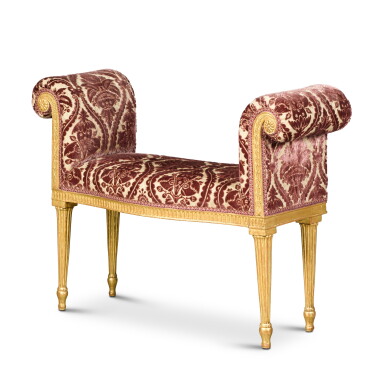 View full screen - View 1 of Lot 47. A George III carved giltwood window seat, circa 1775, attributed to Thomas Chippendale.