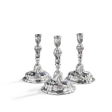 View full screen - View 1 of Lot 535. A set of three silver candlesticks, by Johann von Holten I, Hamburg, circa 1752-1769 .