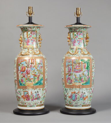 View full screen - View 1 of Lot 17. A Pair of Chinese Export Canton Famille-Rose 'Figural' Vases, Qing Dynasty, 19th Century | 清十九世紀 廣彩人物圖瓶一對.