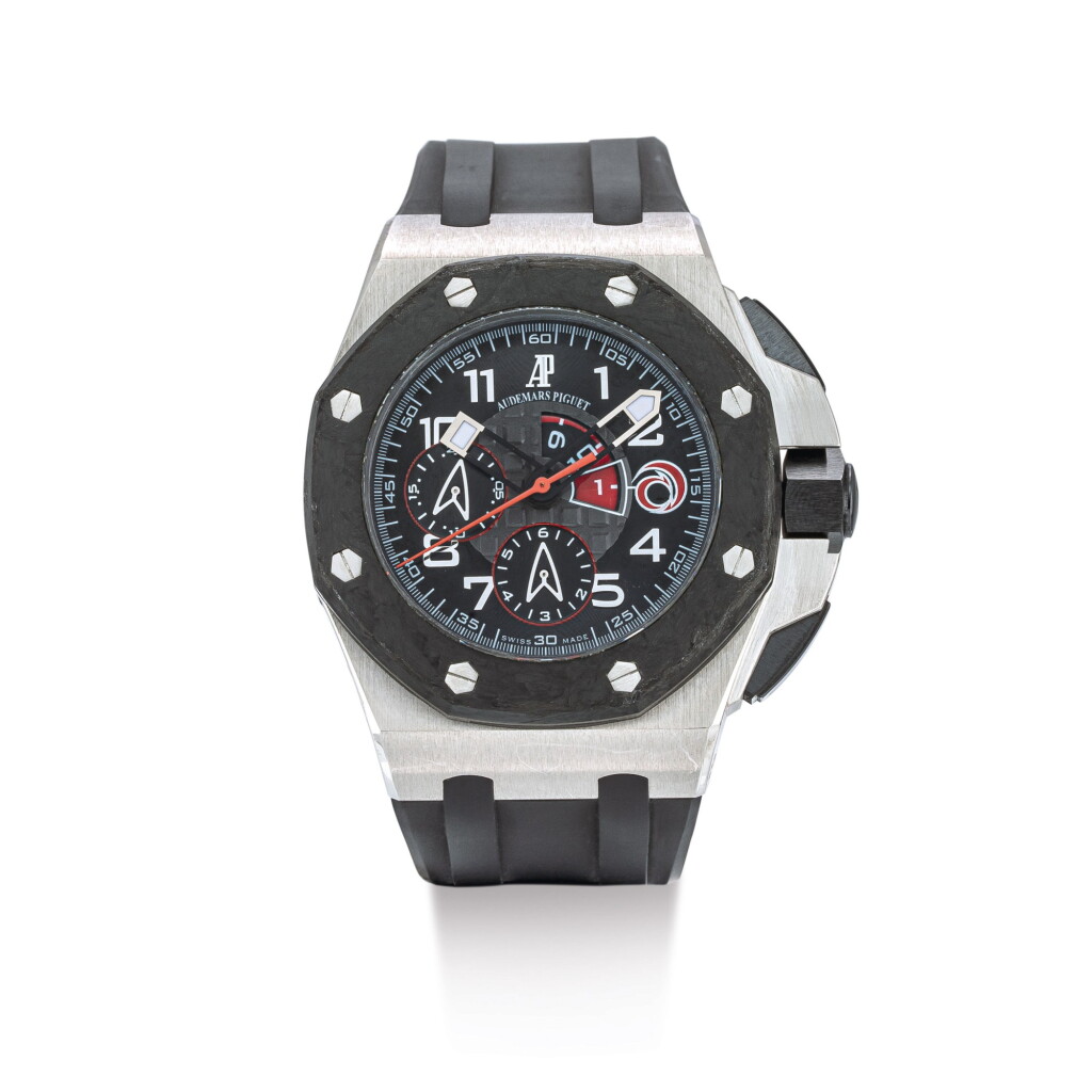 View full screen - View 1 of Lot 2175. AUDEMARS PIGUET | ROYAL OAK OFFSHORE ALINGHI TEAM, REFERENCE 26062, A LIMITED EDITION PLATINUM FLYBACK CHRONOGRAPH WRISTWATCH WITH REGATTA COUNTDOWN, CIRCA 2014 | 愛彼 | "Royal Oak Offshore Alinghi Team 型號26062 限量版鉑金飛返計時腕錶,備賽艇倒計時,機芯編號668643,錶殼編號F91513及68/107,約2014年製".
