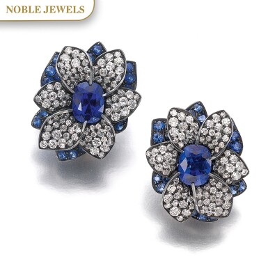 View full screen - View 1 of Lot 308. HEMMERLE | PAIR OF SAPPHIRE AND DIAMOND EAR CLIPS.