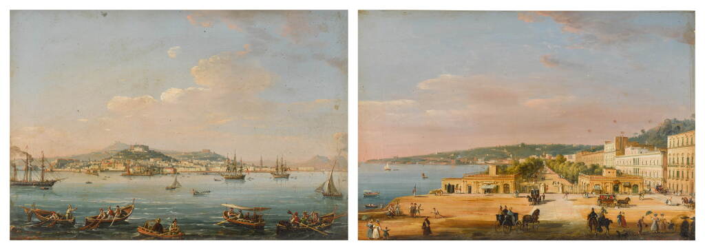 View full screen - View 1 of Lot 97. Naples, a pair of views: The Bay of Naples, an array of vessels on the water, with the city and Mount Vesuvius beyond; and The Villa Reale di Chiaia, with horses, carriages and figures.