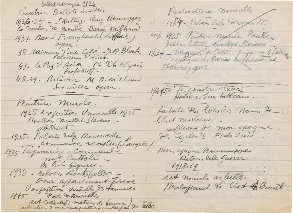 View full screen - View 1 of Lot 138. Notes autobiographiques et lettre autographe signée à une critique d'art. 1951. 3 p. et 2 p. 1/2.