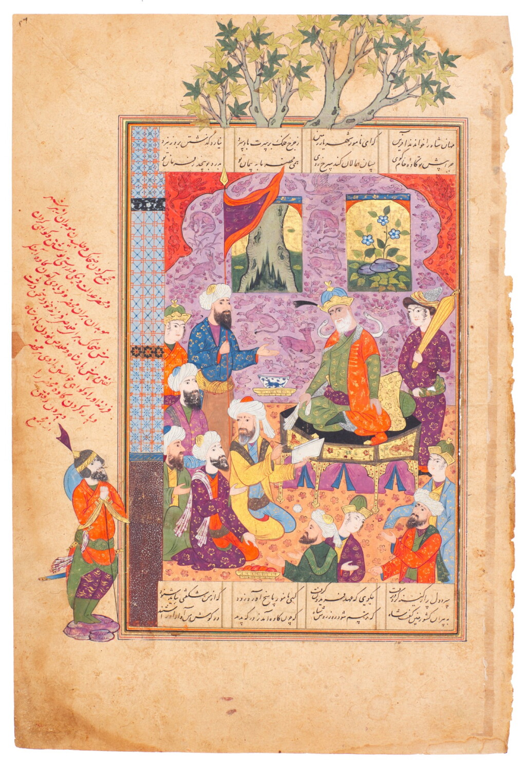 View full screen - View 1 of Lot 48. An illustrated and illuminated leaf from a manuscript of Firdausi's Shahnameh: Kaveh enters Zahhak’s court to demand the release of his son, Persia, Qazwin, Safavid, last quarter 16th century.